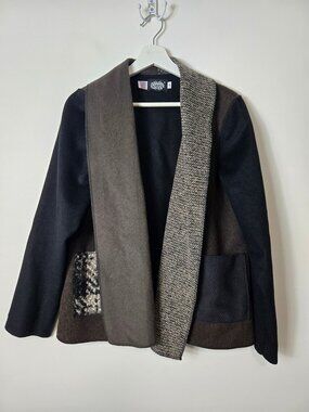 Vintage Cameleon Open Cardigan 100% Wool Nylon Blend Sweater Size M Patchwork